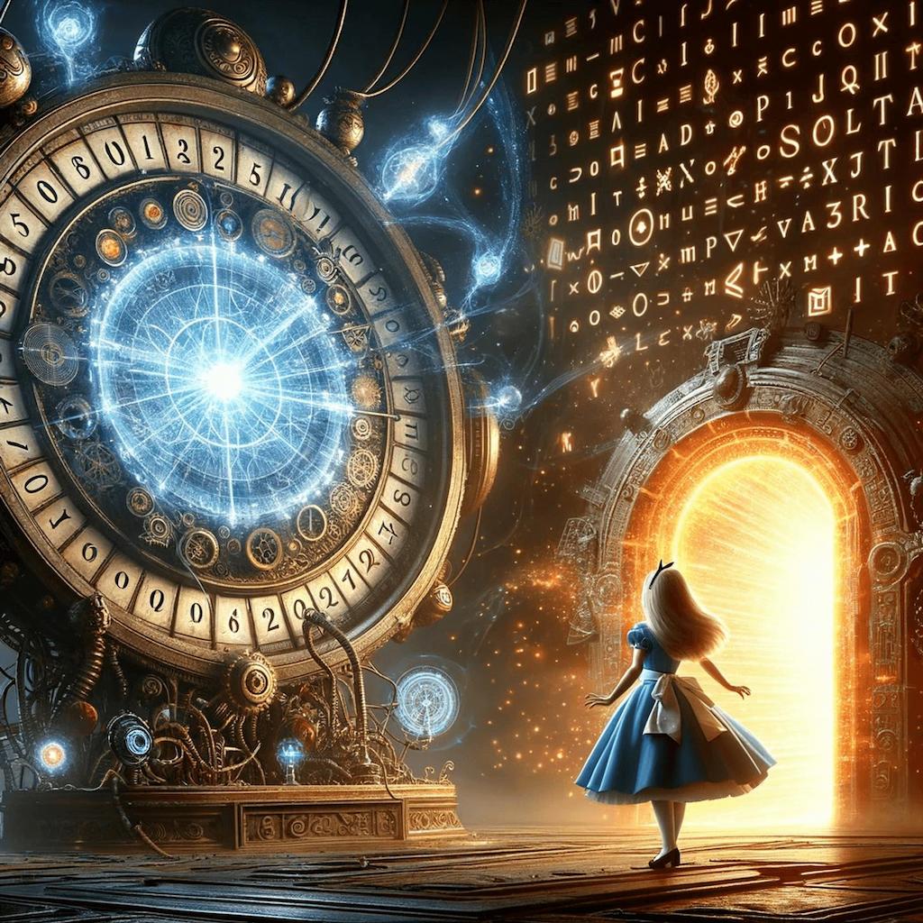 DALL·E 2023-11-01 16.01.43 - Alice from Alice in Wonderland stands beside her incredible clock-like machine filled with cryptographic symbols, successfully synchronizing two diffe.png