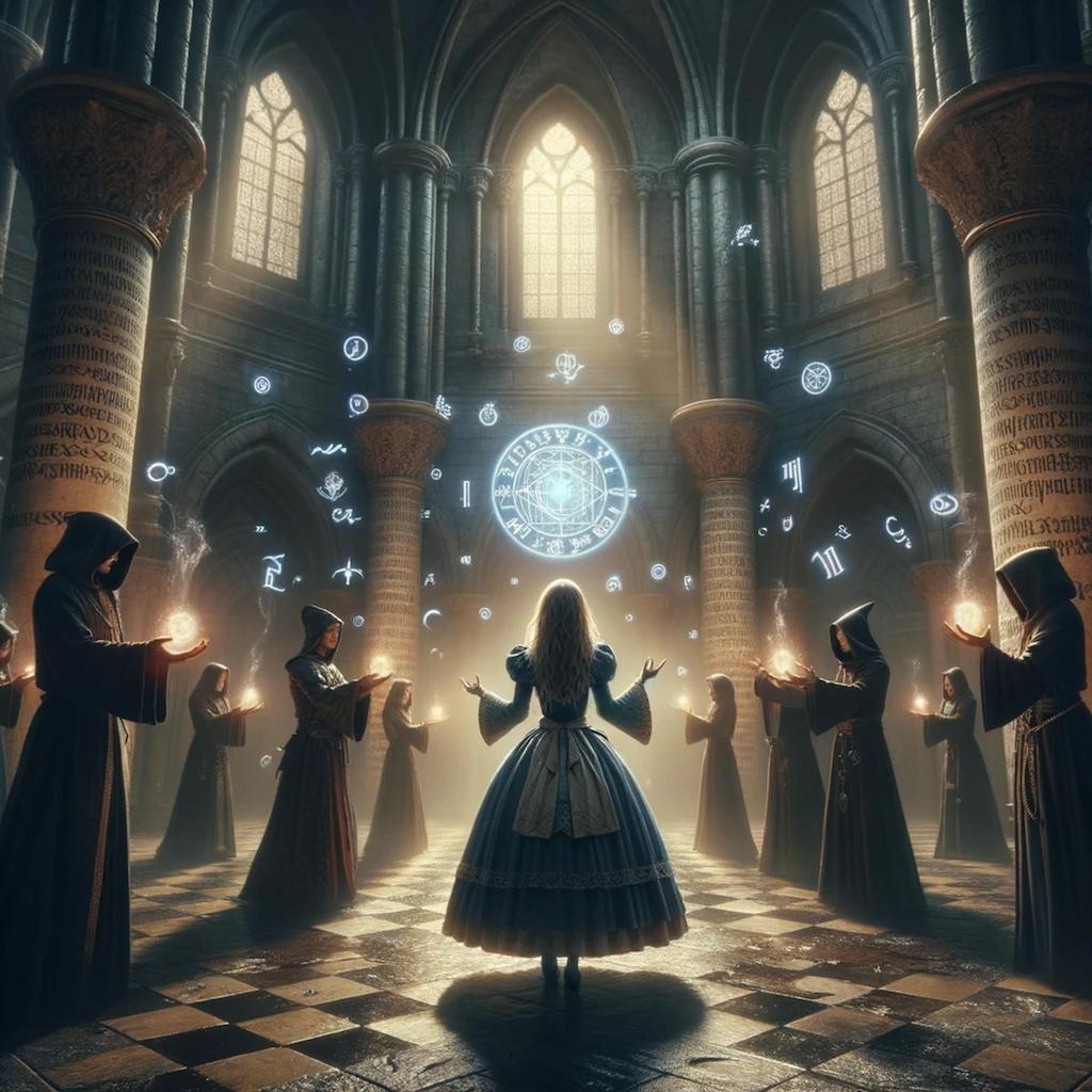 DALL·E 2023-11-01 16.07.00 - In a dark and grand ancient hall, Alice, a young woman with long blonde hair and a medieval dress, stands in the center, holding a glowing orb that re.png