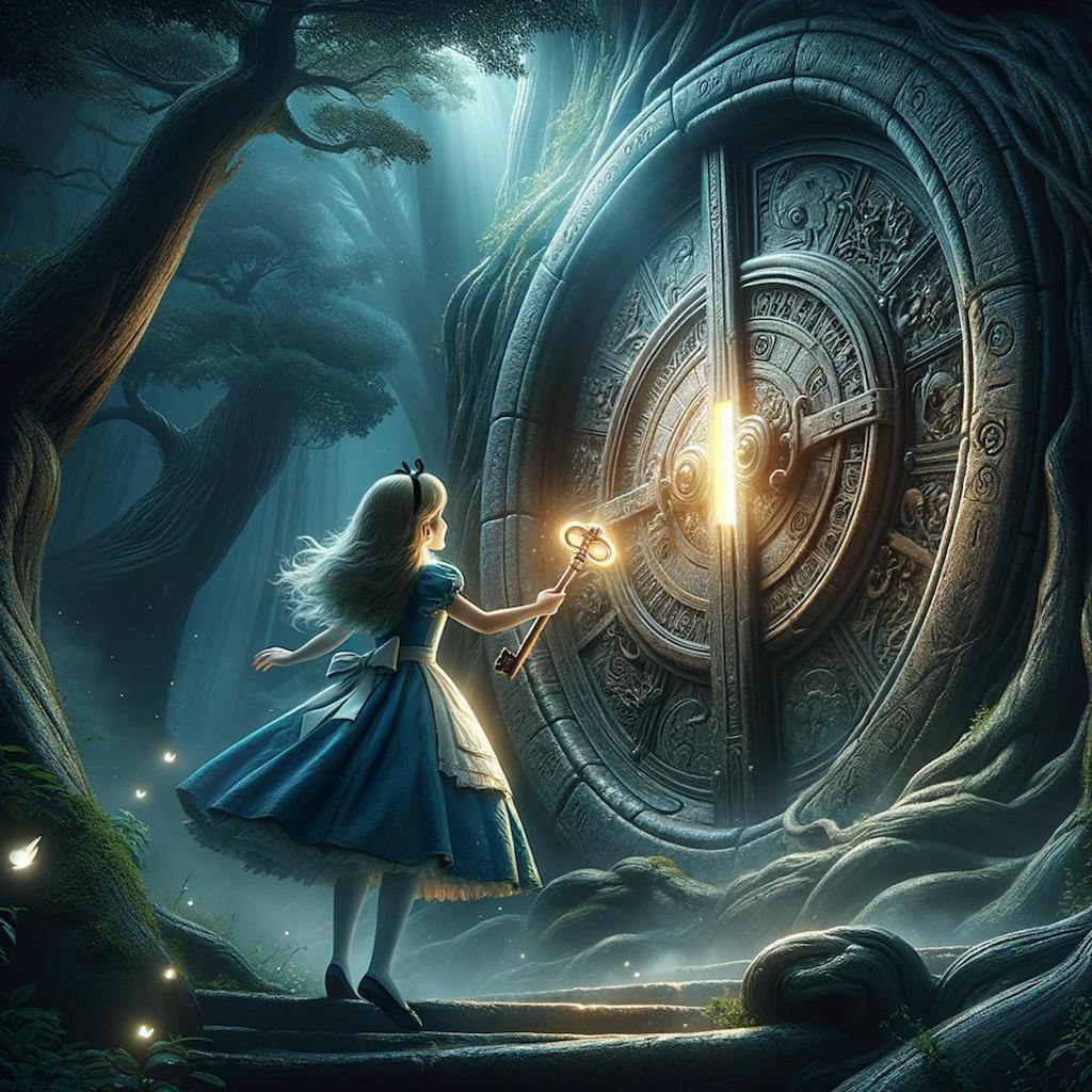 DALL·E 2023-11-01 15.13.15 - In a dark and epic illustration, capture the moment where Alice from Alice in Wonderland successfully opens the ancient, magical door with her special.png