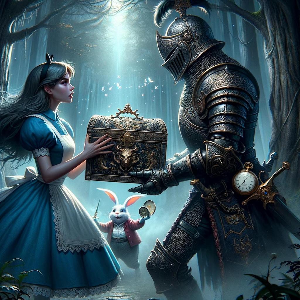 DALL·E 2023-11-01 15.08.38 - Create a dark and epic illustration featuring Alice from Alice in Wonderland and Bob, depicted as a medieval knight. In this mystical forest setting, .png