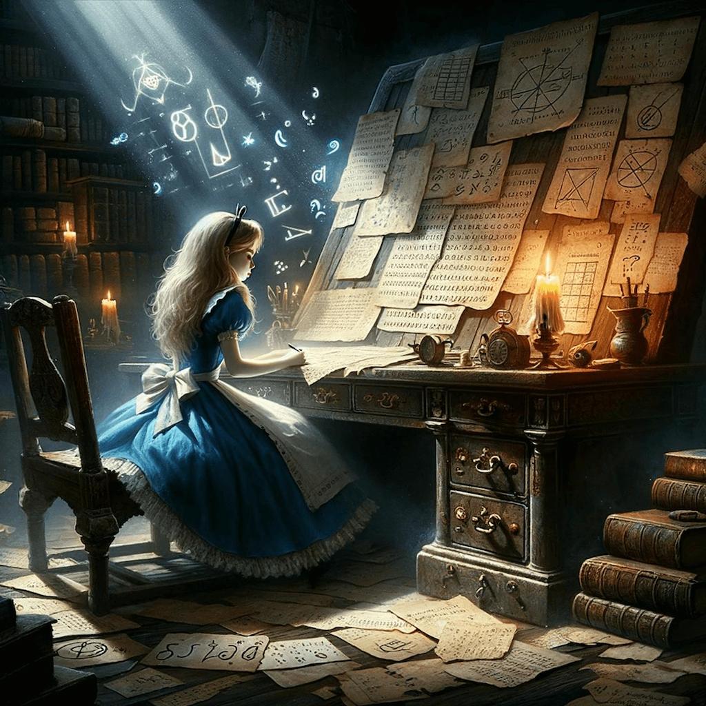 DALL·E 2023-11-01 15.48.30 - Illustration of Alice from Alice in Wonderland, partially obscured, studying cryptography in a dark and epic style. Alice, dressed in her iconic blue .png