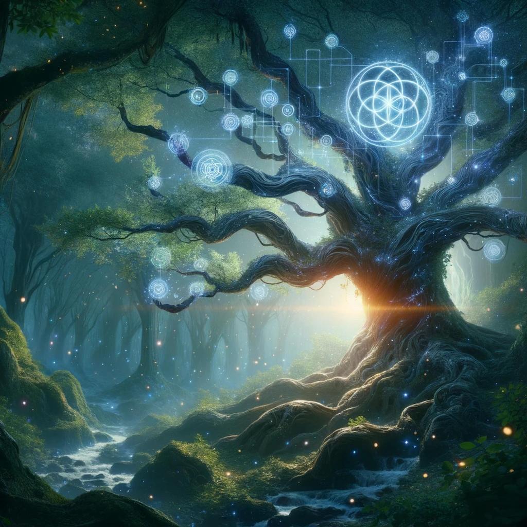 DALL·E 2023-11-01 14.01.20 - Create a magical interpretation of a Merkle tree intertwined with a real tree, inspired by the style of Lord of the Rings. Use a dark and epic tone to.png